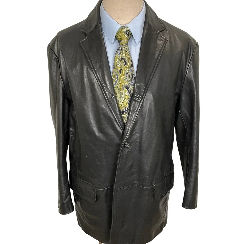 Banana Republic Leather Blazer Mens Large Black 3/2‎ Roll Button Classic Jacket